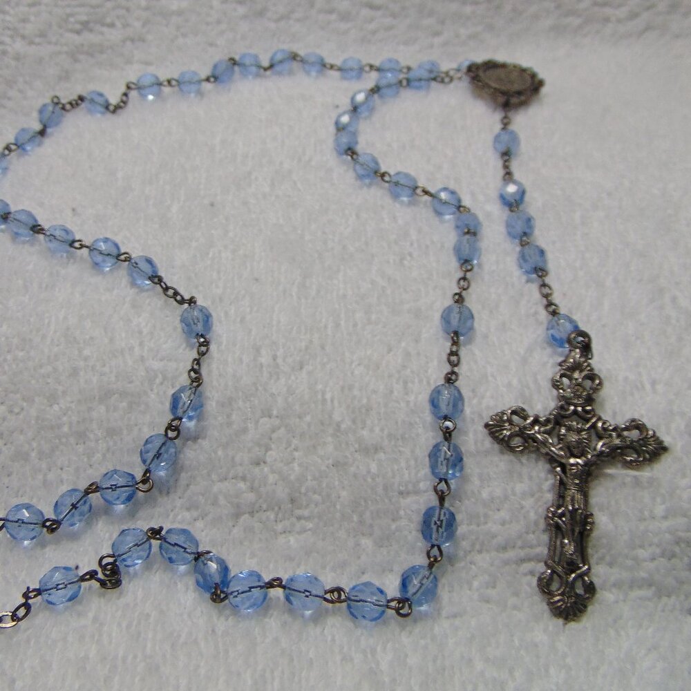 Catholic Rosary with Light Blue Clear Beads and Ornate Cross & Mary Medallion